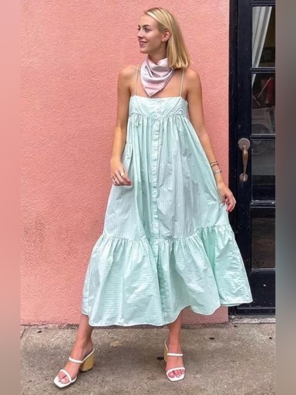 Zara Striped Seafoam Green Midi Dress sz XS